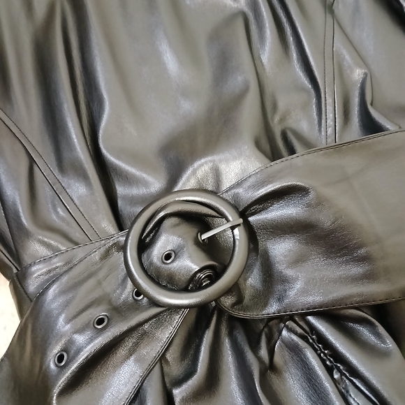 NWT ZARA BLACK RUCHED FAUX LEATHER MIDI DRESS, XS - Picture 11 of 16